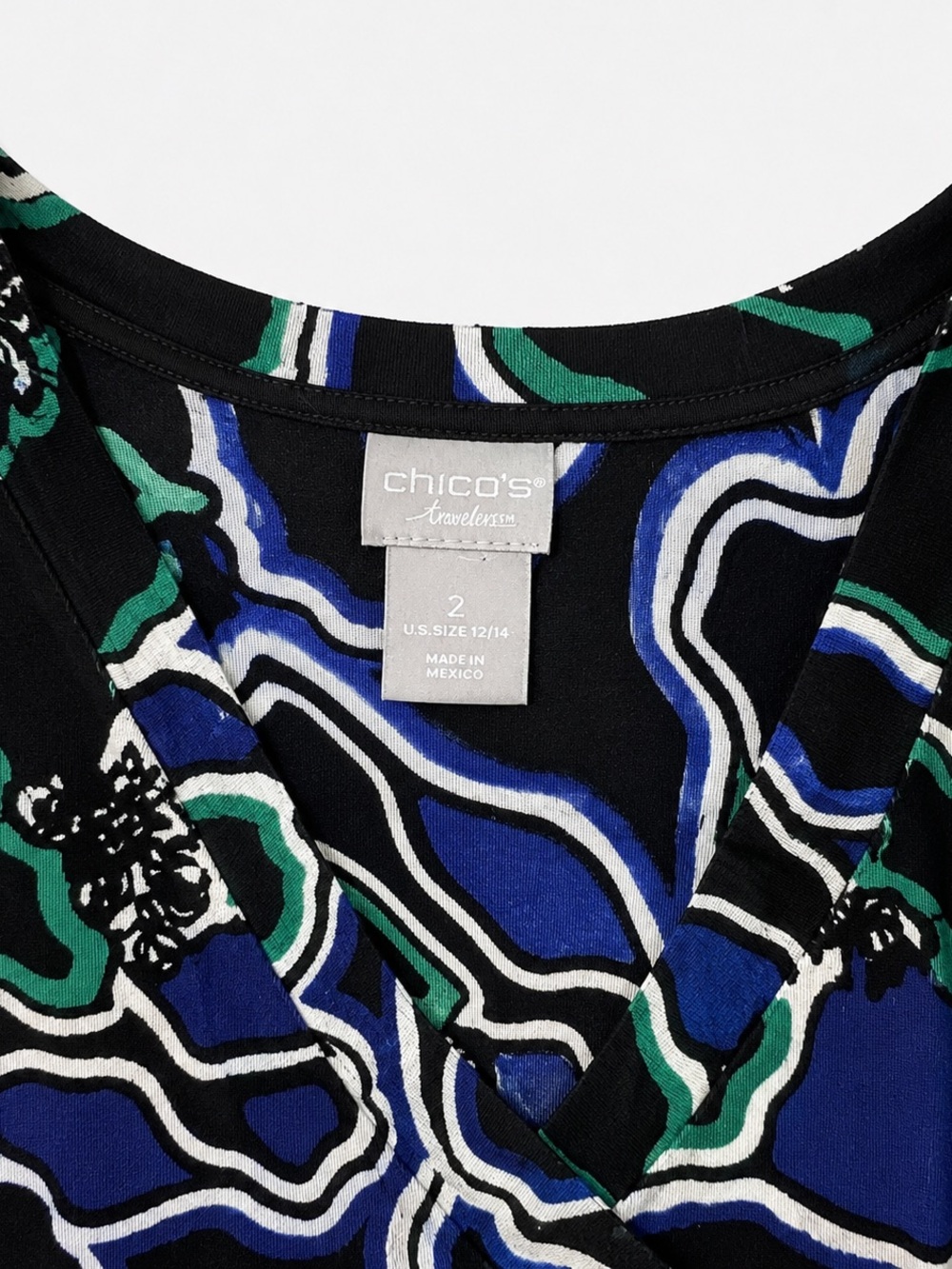 Chico’s Travelers Faux Wrap Abstract Print Stretch Dress Size 2 Blue Midi - Picture 4 of 4